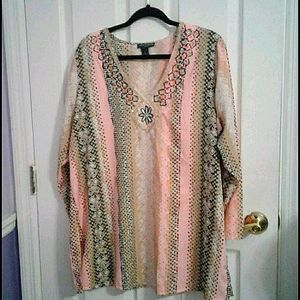 Chelsea & Theodora Cream Boho Flowy Snakeskin Reptile Tunic Top 1X